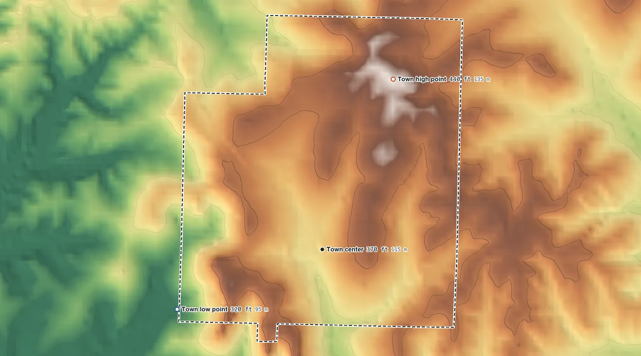 Topographic elevation map of Okolona, Arkansas, shaded from 320 ft on the west side to 440 ft on the northeast side