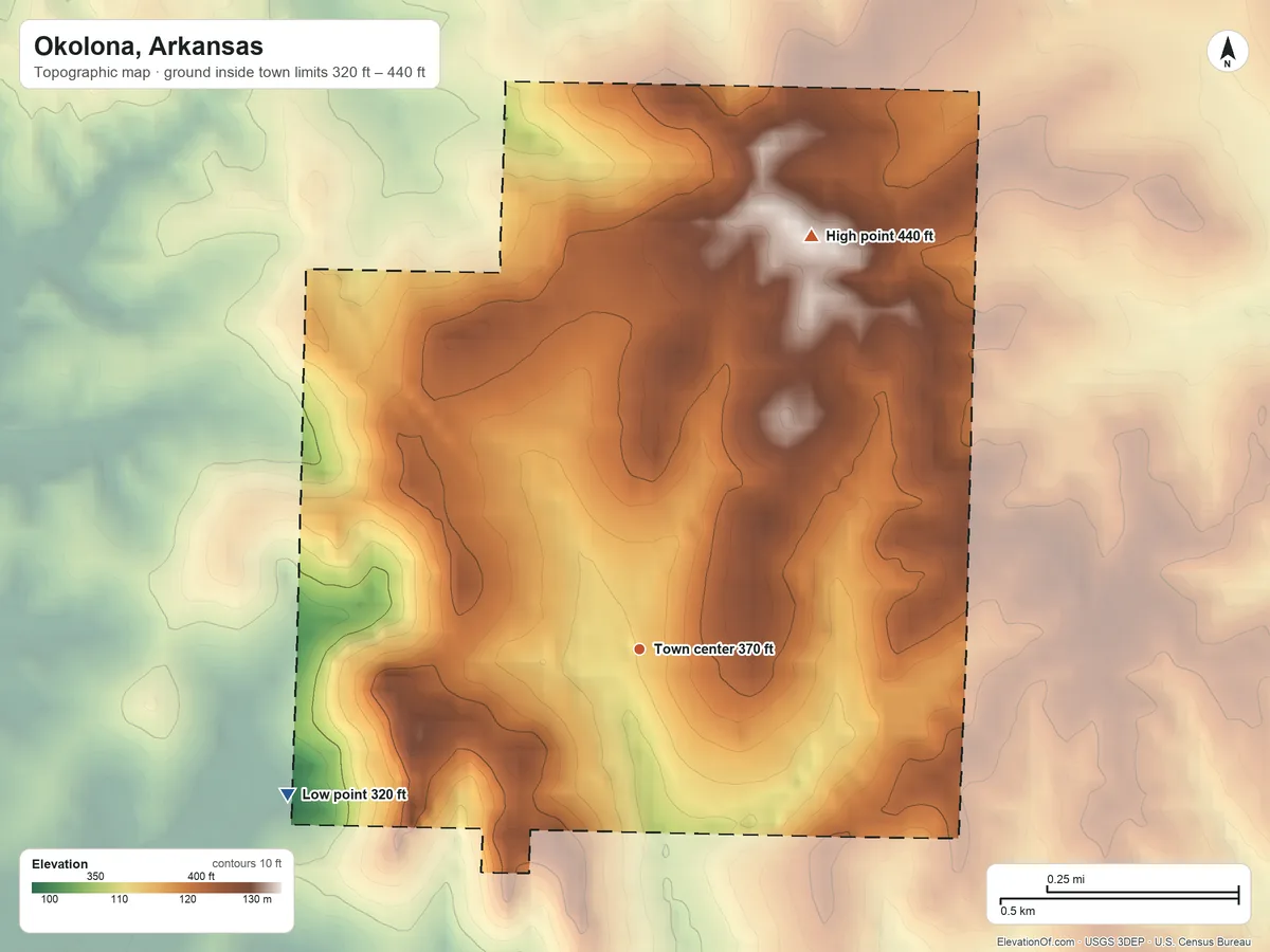 Topographic elevation map of Okolona, Arkansas, shaded from 320 ft on the west side to 440 ft on the northeast side
