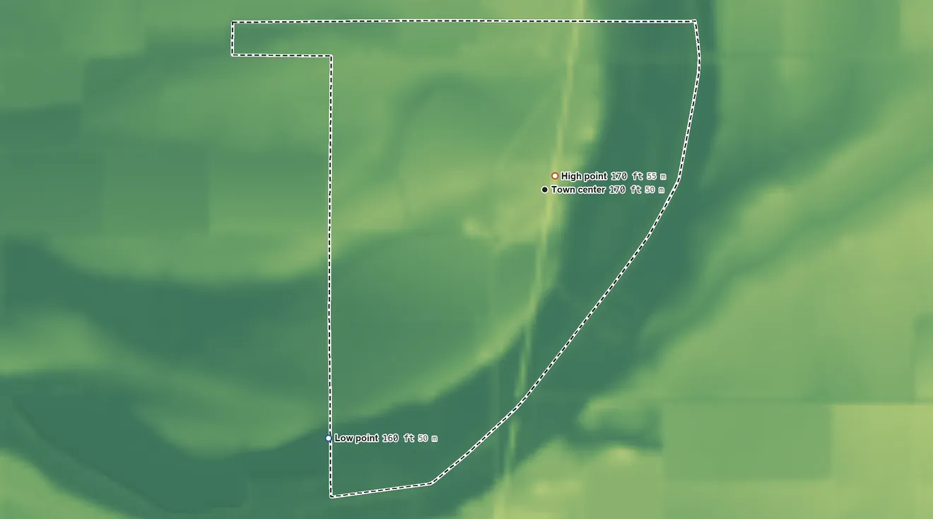 Topographic elevation map of Oneida, Arkansas, shaded from 160 ft on the southwest side to 170 ft near the middle