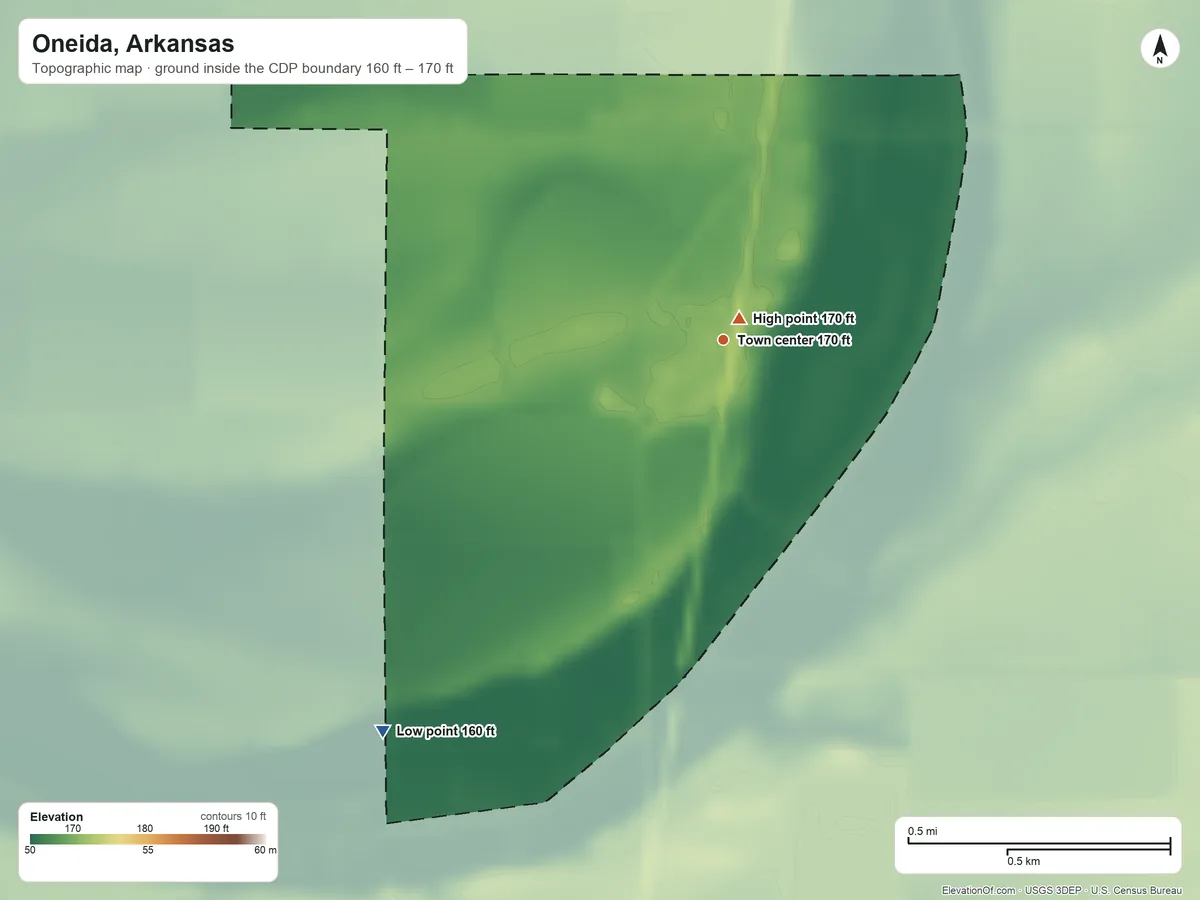 Topographic elevation map of Oneida, Arkansas, shaded from 160 ft on the southwest side to 170 ft near the middle