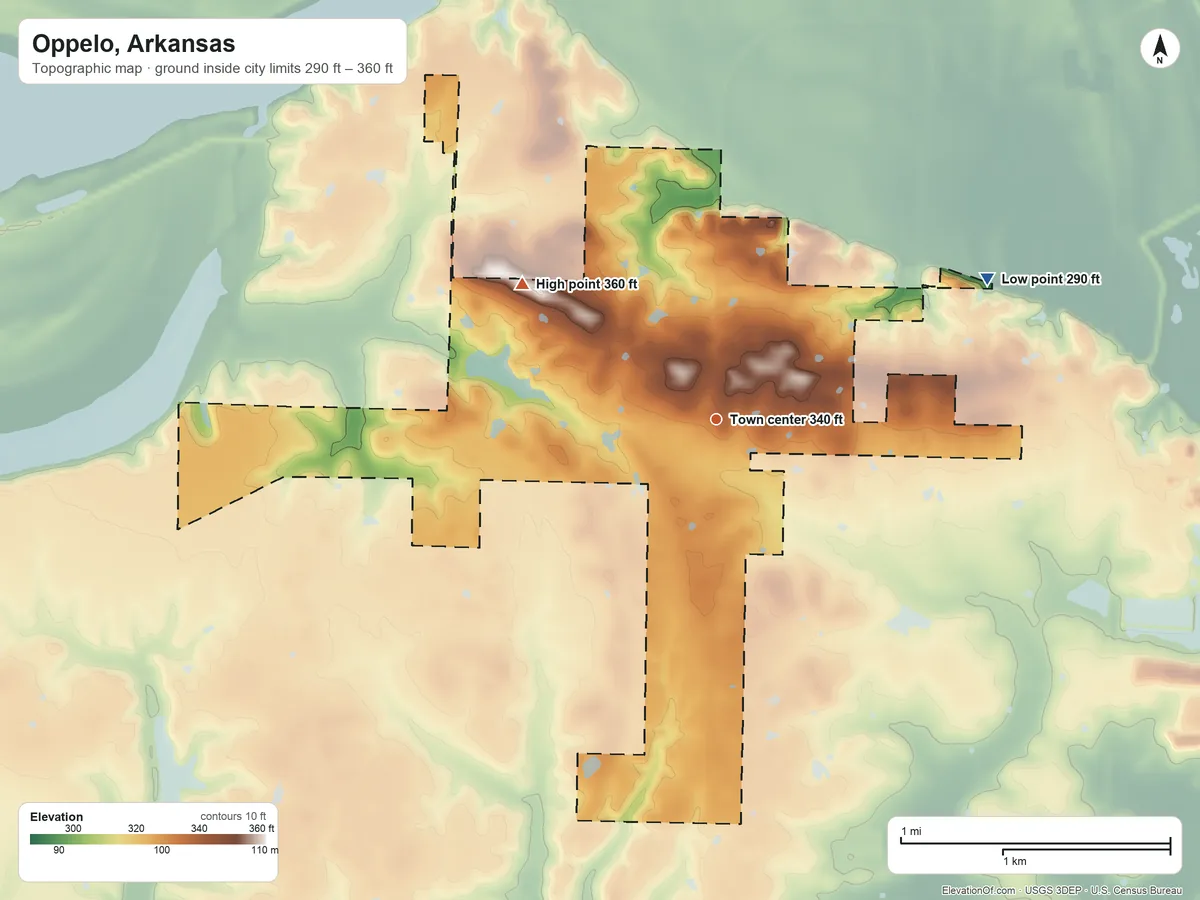 Topographic elevation map of Oppelo, Arkansas, shaded from 290 ft on the northeast side to 360 ft on the northwest side