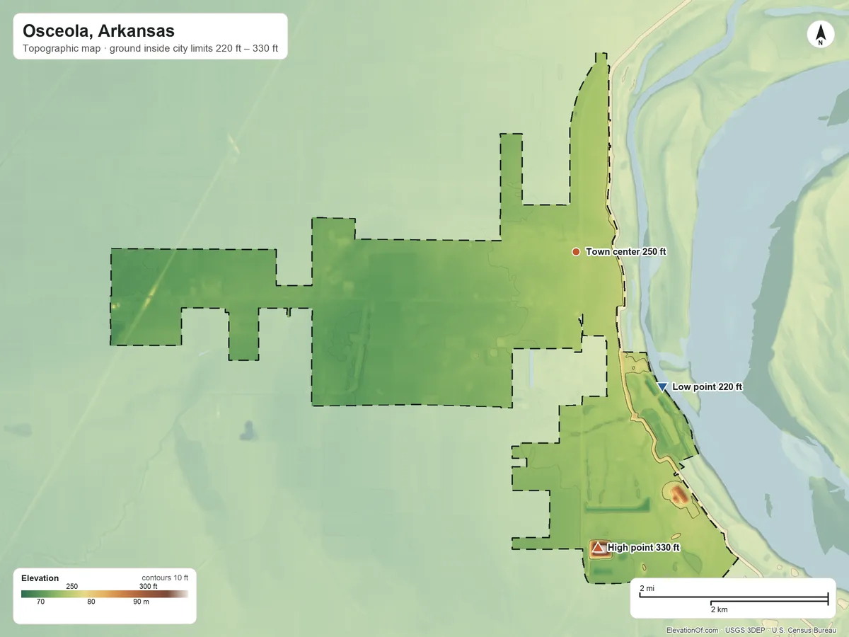 Topographic elevation map of Osceola, Arkansas, shaded from 220 ft on the southeast side to 330 ft on the south side
