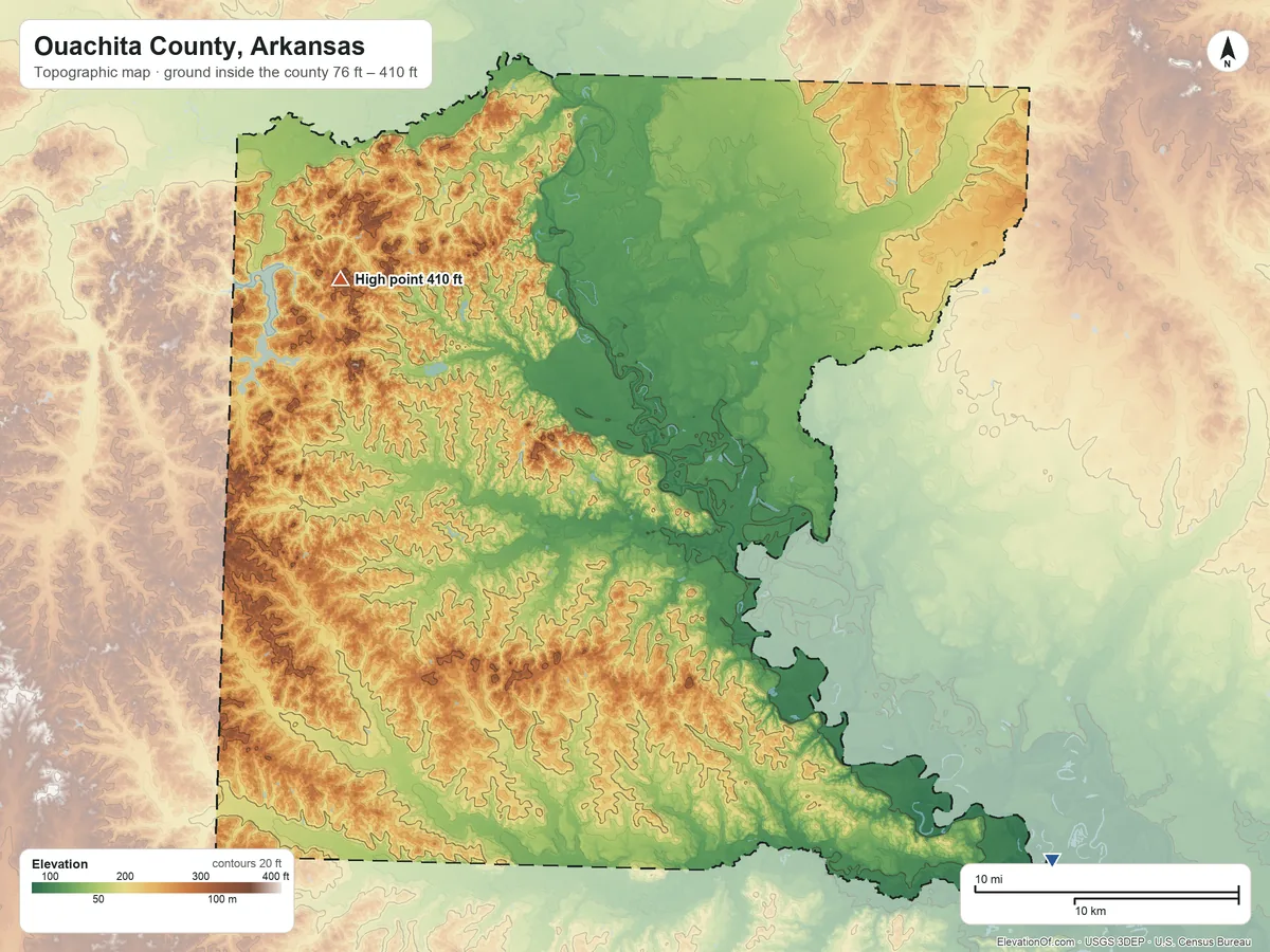 Topographic elevation map of Ouachita County, Arkansas, shaded from 76 ft on the southeast side to 410 ft on the northwest side
