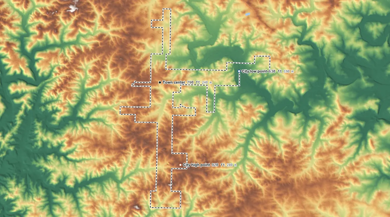Topographic elevation map of Oxford, Arkansas, shaded from 630 ft on the east side to 920 ft on the south side