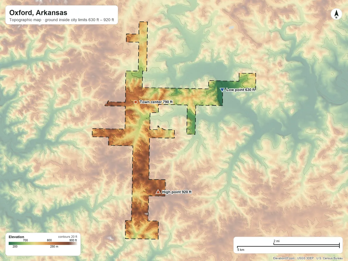 Topographic elevation map of Oxford, Arkansas, shaded from 630 ft on the east side to 920 ft on the south side