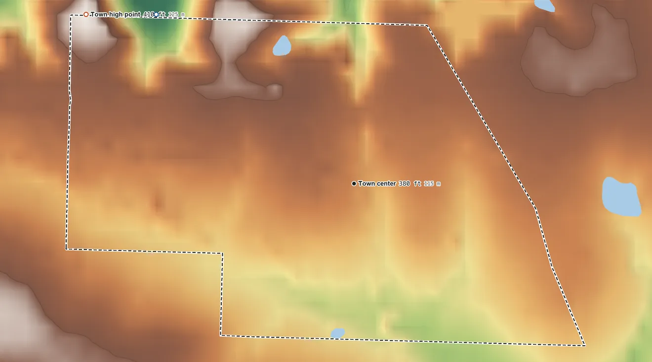 Topographic elevation map of Ozan, Arkansas, shaded from 350 ft on the northwest side to 410 ft on the northwest side