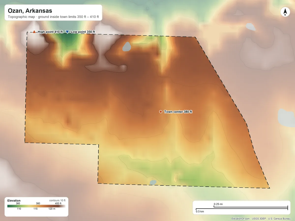 Topographic elevation map of Ozan, Arkansas, shaded from 350 ft on the northwest side to 410 ft on the northwest side