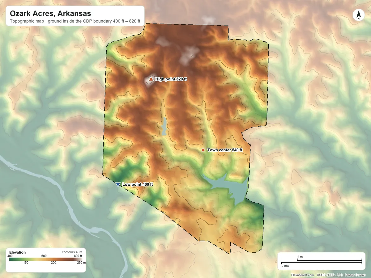 Topographic elevation map of Ozark Acres, Arkansas, shaded from 400 ft on the west side to 820 ft on the northwest side