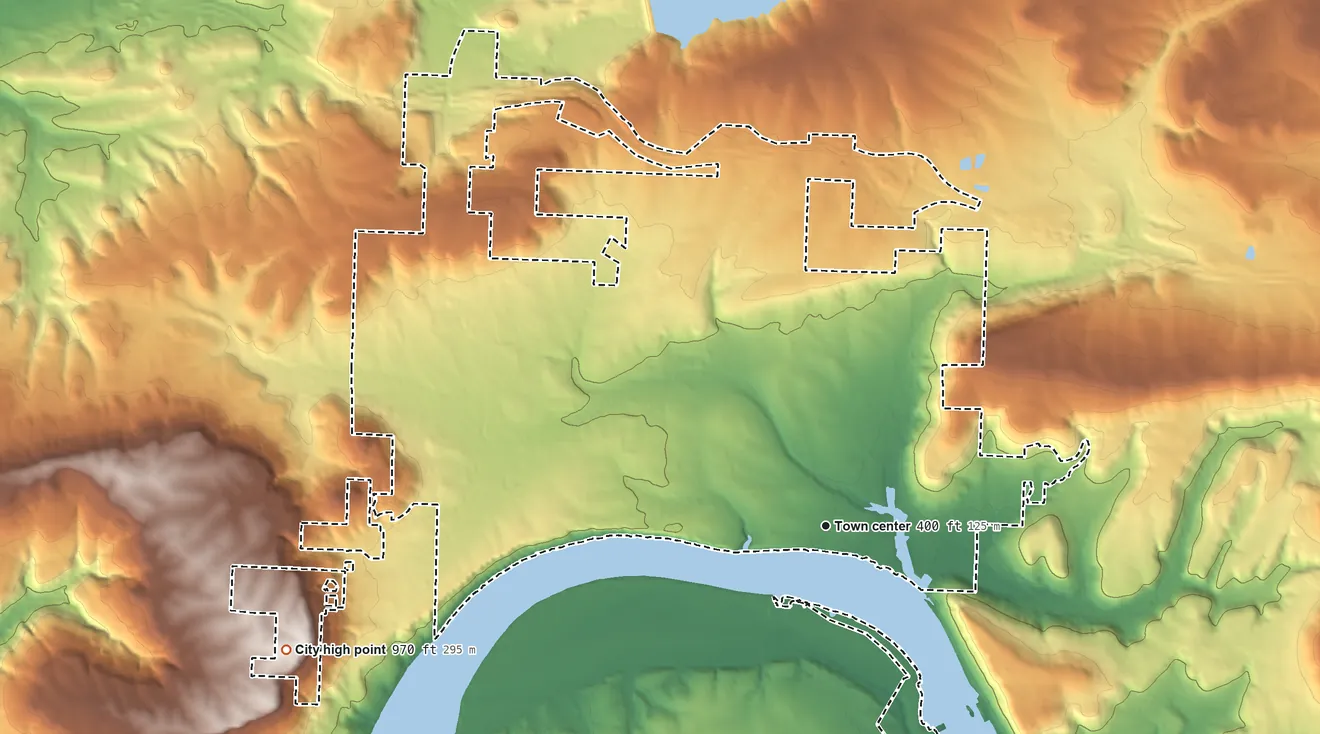 Topographic elevation map of Ozark, Arkansas, shaded from 350 ft on the southeast side to 970 ft on the west side