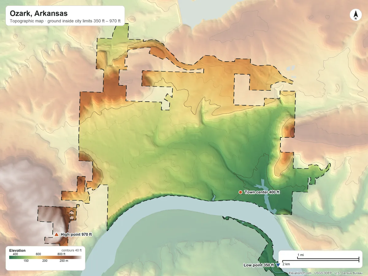 Topographic elevation map of Ozark, Arkansas, shaded from 350 ft on the southeast side to 970 ft on the west side