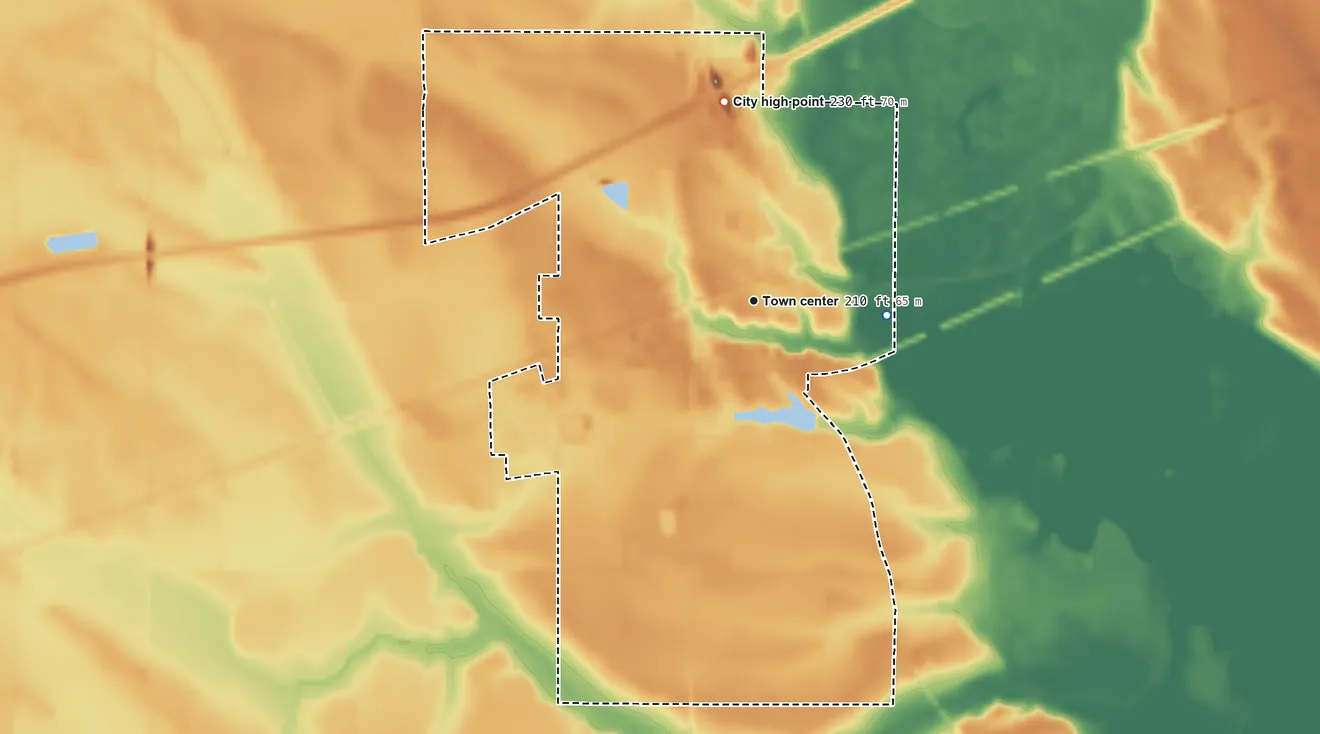 Topographic elevation map of Palestine, Arkansas, shaded from 190 ft on the east side to 230 ft on the north side