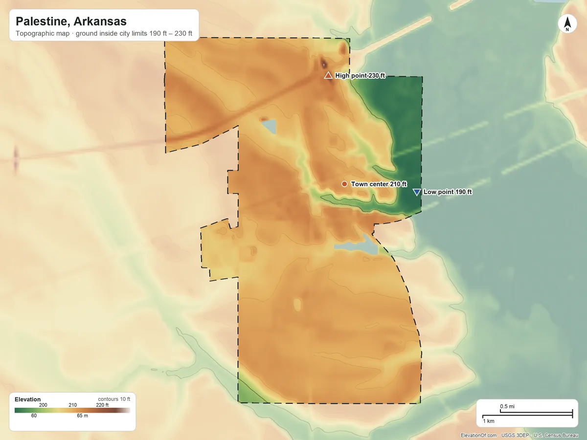 Topographic elevation map of Palestine, Arkansas, shaded from 190 ft on the east side to 230 ft on the north side