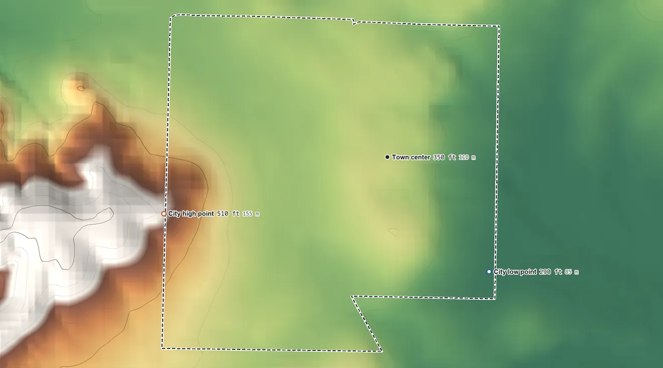 Topographic elevation map of Pangburn, Arkansas, shaded from 290 ft on the southeast side to 510 ft on the west side