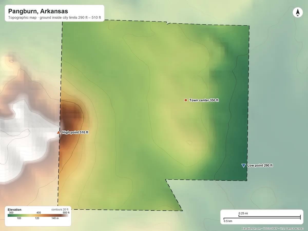Topographic elevation map of Pangburn, Arkansas, shaded from 290 ft on the southeast side to 510 ft on the west side