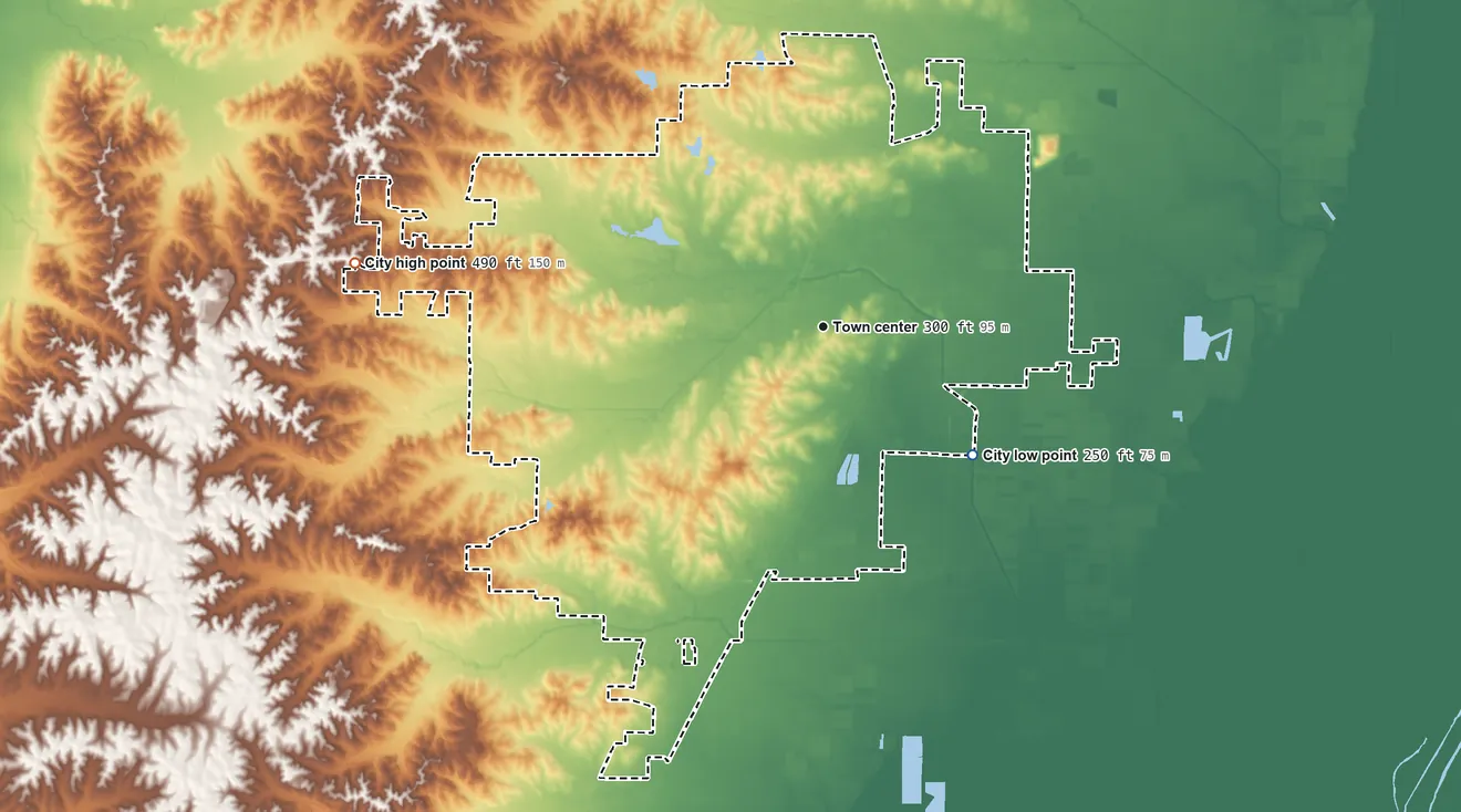 Topographic elevation map of Paragould, Arkansas, shaded from 250 ft on the southeast side to 490 ft on the west side