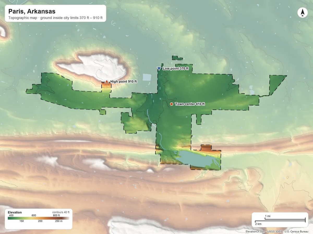 Topographic elevation map of Paris, Arkansas, shaded from 370 ft on the north side to 910 ft on the west edge, below higher ground just outside