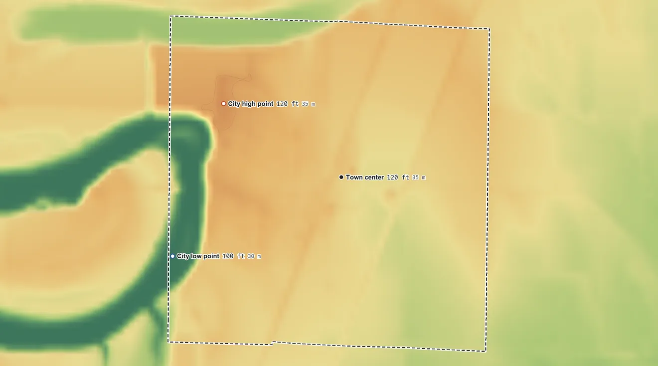 Topographic elevation map of Parkdale, Arkansas, shaded from 100 ft on the southwest side to 120 ft on the northwest side