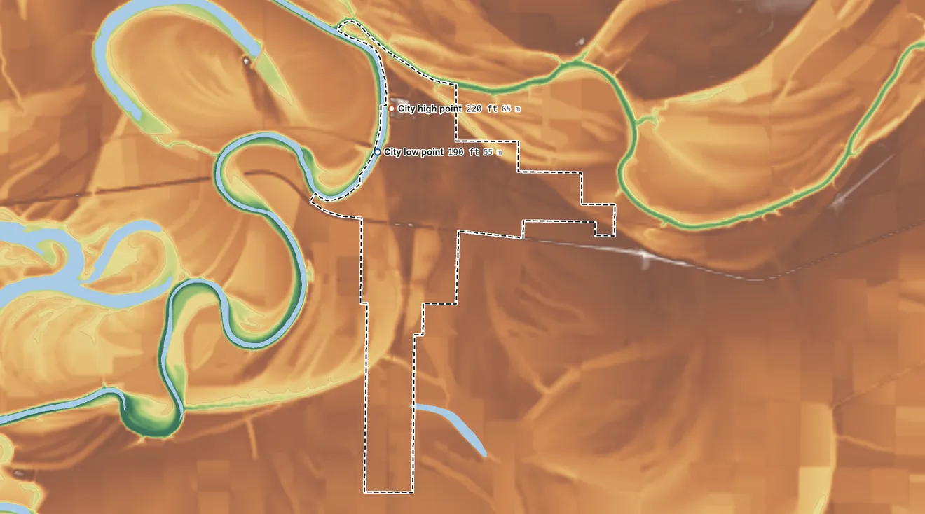 Topographic elevation map of Parkin, Arkansas, shaded from 190 ft on the northwest side to 220 ft on the north side