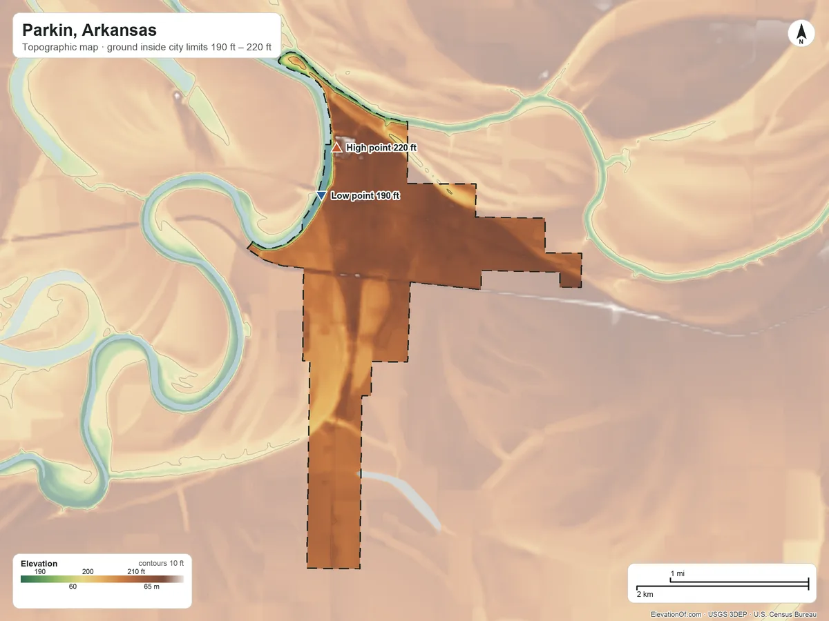 Topographic elevation map of Parkin, Arkansas, shaded from 190 ft on the northwest side to 220 ft on the north side