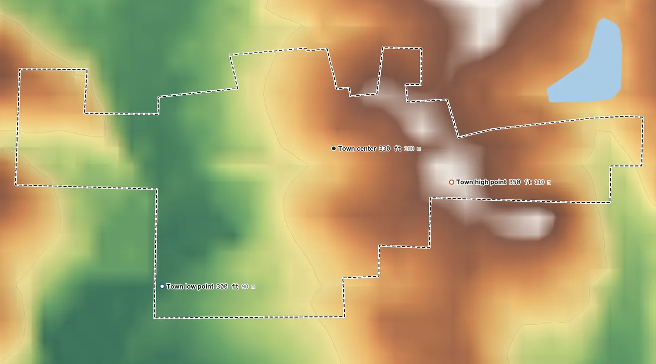 Topographic elevation map of Patmos, Arkansas, shaded from 300 ft on the southwest side to 350 ft on the east side
