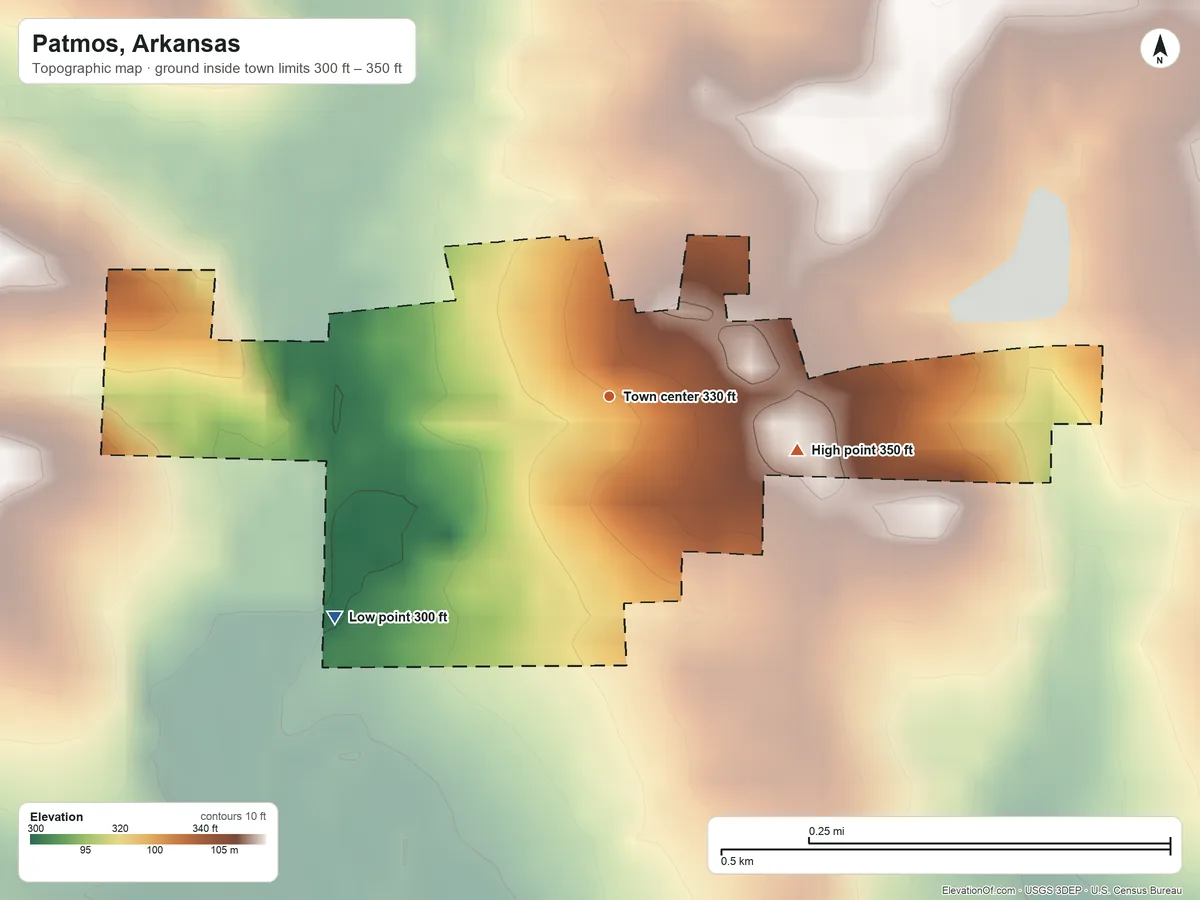 Topographic elevation map of Patmos, Arkansas, shaded from 300 ft on the southwest side to 350 ft on the east side