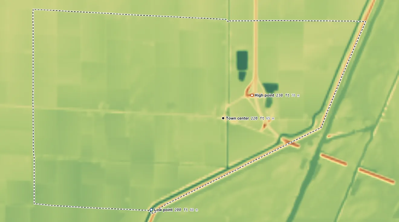 Topographic elevation map of Payneway, Arkansas, shaded from 200 ft on the southwest side to 230 ft near the middle