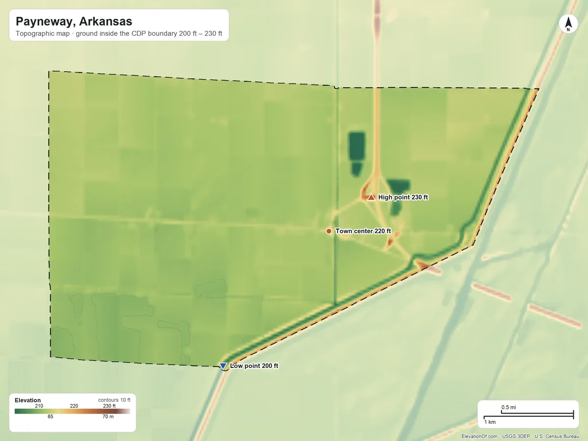 Topographic elevation map of Payneway, Arkansas, shaded from 200 ft on the southwest side to 230 ft near the middle