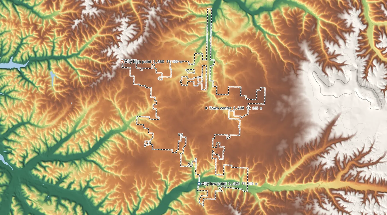 Topographic elevation map of Pea Ridge, Arkansas, shaded from 1,120 ft on the south side to 1,380 ft on the northwest side