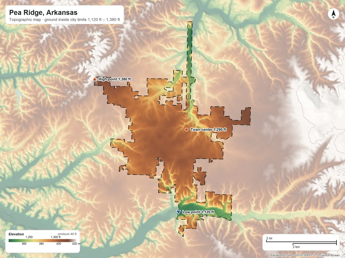 Topographic elevation map of Pea Ridge, Arkansas, shaded from 1,120 ft on the south side to 1,380 ft on the northwest side