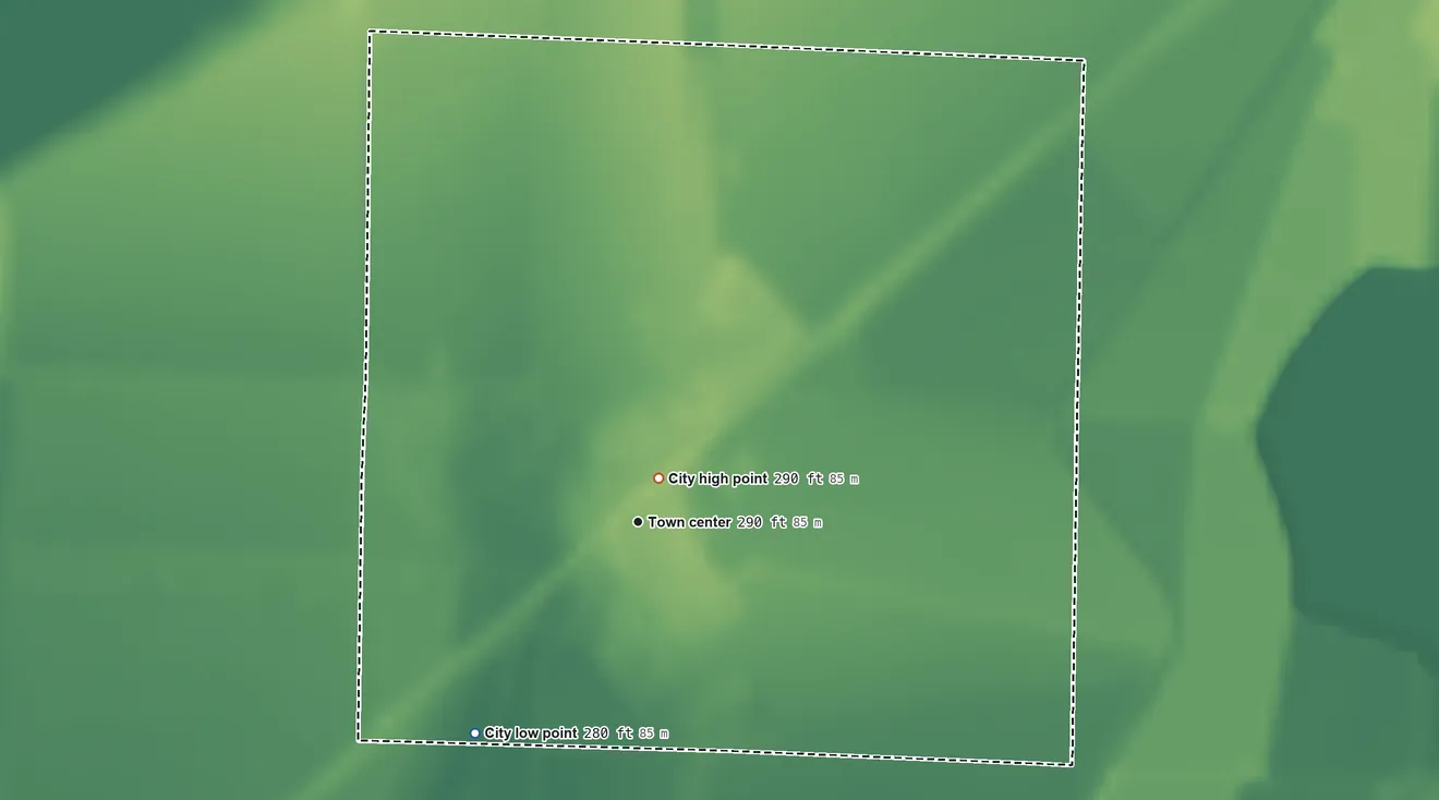 Topographic elevation map of Peach Orchard, Arkansas, shaded from 280 ft on the southwest side to 290 ft near the middle