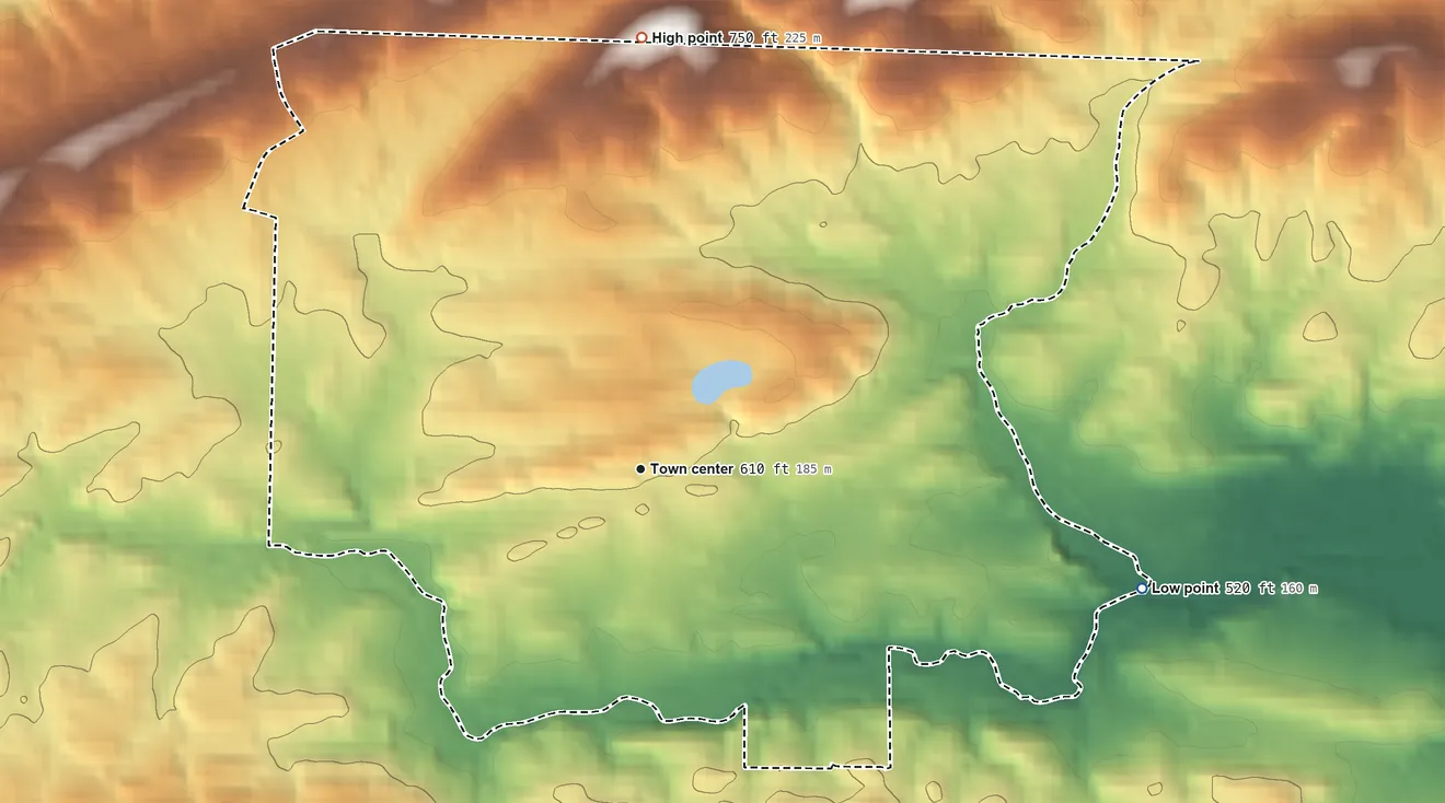 Topographic elevation map of Pearcy, Arkansas, shaded from 520 ft on the east side to 750 ft on the north side