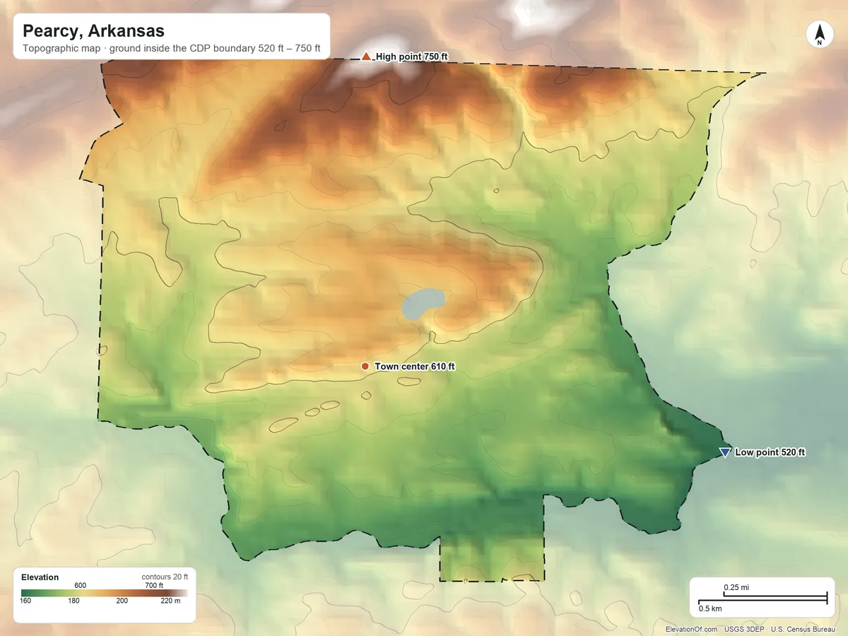 Topographic elevation map of Pearcy, Arkansas, shaded from 520 ft on the east side to 750 ft on the north side