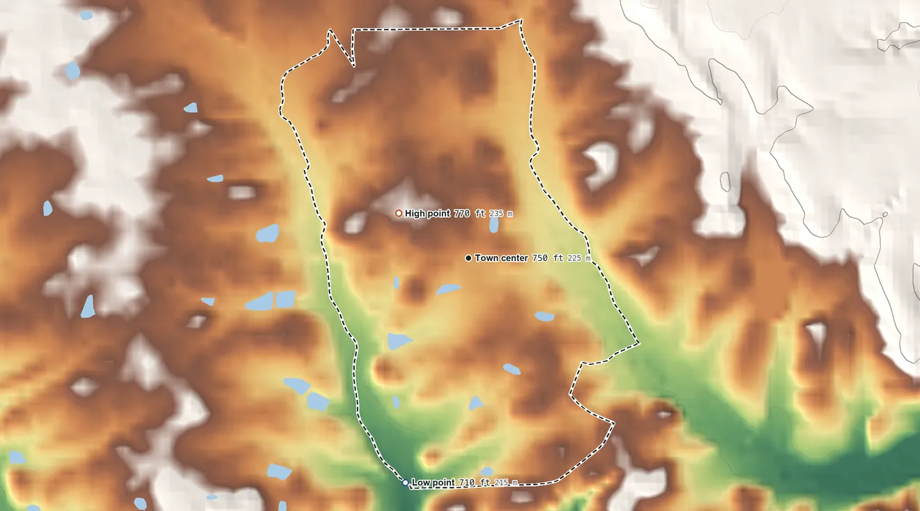 Topographic elevation map of Pencil Bluff, Arkansas, shaded from 710 ft on the south side to 770 ft on the northwest side