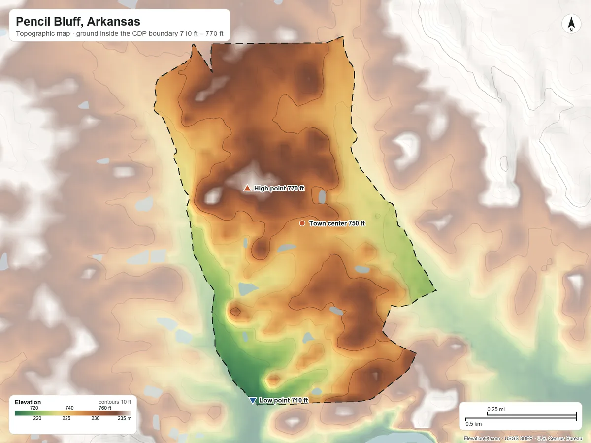 Topographic elevation map of Pencil Bluff, Arkansas, shaded from 710 ft on the south side to 770 ft on the northwest side