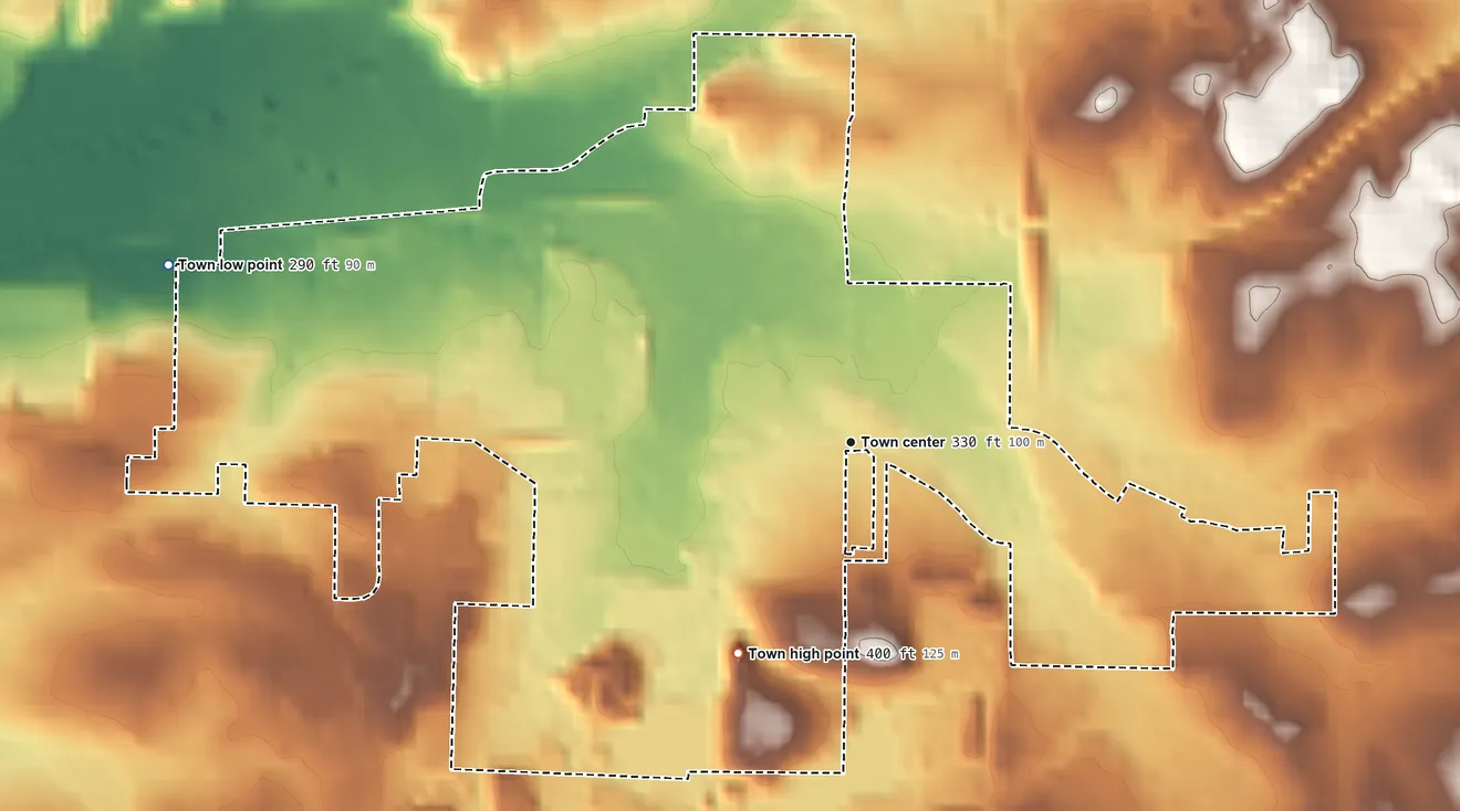 Topographic elevation map of Perla, Arkansas, shaded from 290 ft on the west side to 400 ft on the southwest side