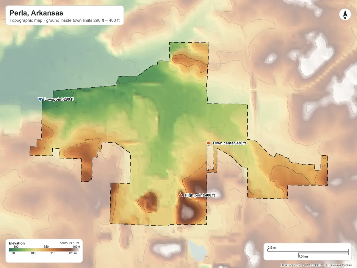 Topographic elevation map of Perla, Arkansas, shaded from 290 ft on the west side to 400 ft on the southwest side