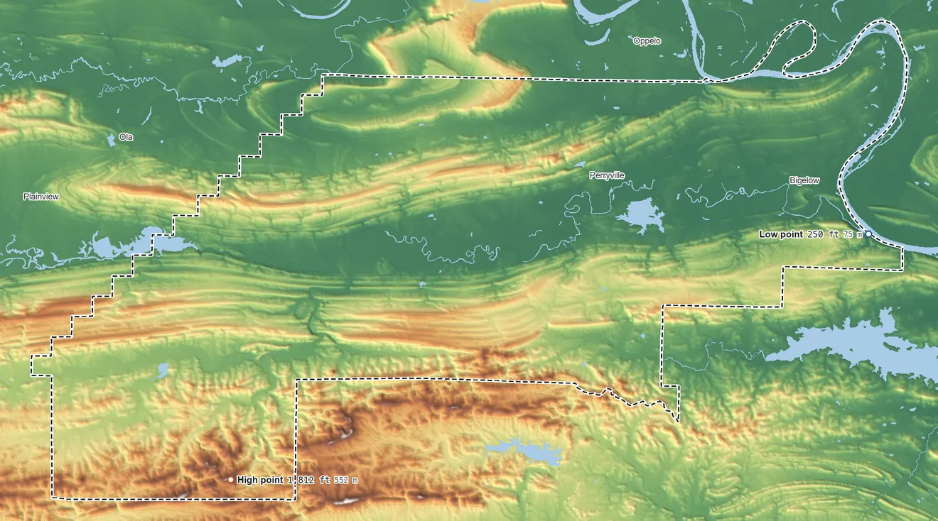 Topographic elevation map of Perry County, Arkansas, shaded from 250 ft on the east side to 1,812 ft on Deckard Mountain