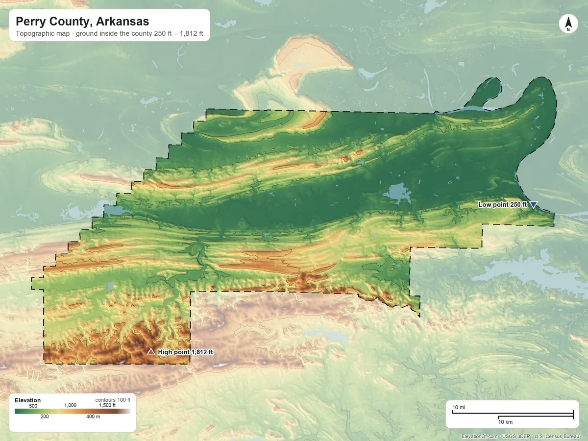 Topographic elevation map of Perry County, Arkansas, shaded from 250 ft on the east side to 1,812 ft on Deckard Mountain