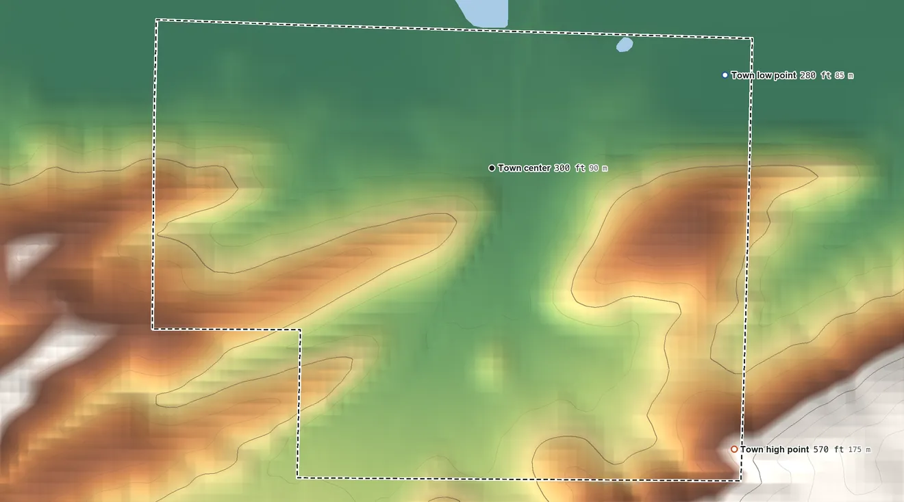 Topographic elevation map of Perry, Arkansas, shaded from 280 ft on the east side to 570 ft on the southeast side