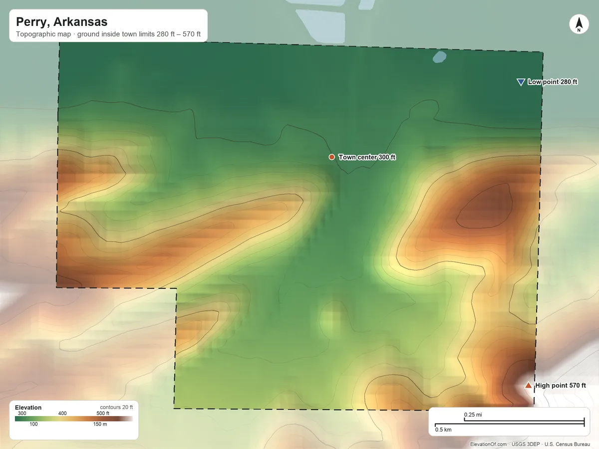 Topographic elevation map of Perry, Arkansas, shaded from 280 ft on the east side to 570 ft on the southeast side