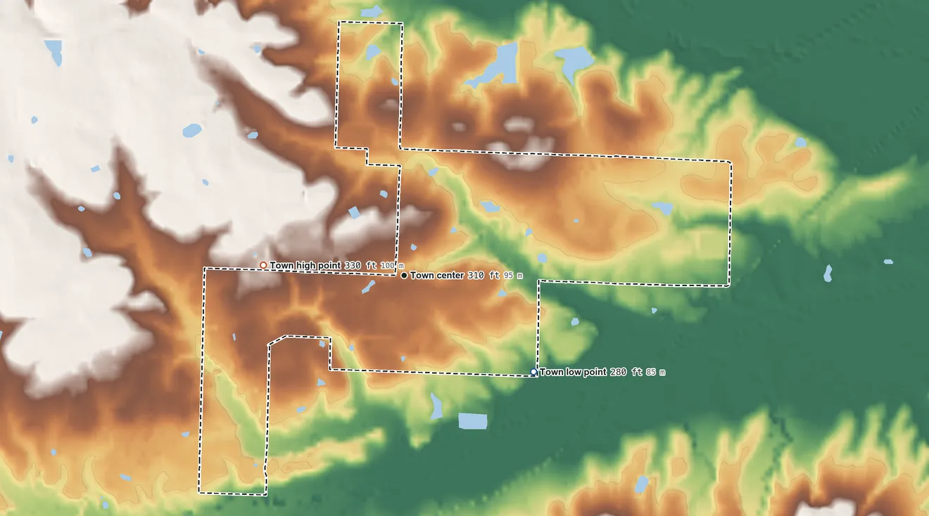 Topographic elevation map of Perrytown, Arkansas, shaded from 280 ft on the southeast side to 330 ft on the west side