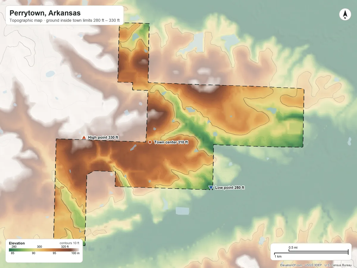 Topographic elevation map of Perrytown, Arkansas, shaded from 280 ft on the southeast side to 330 ft on the west side