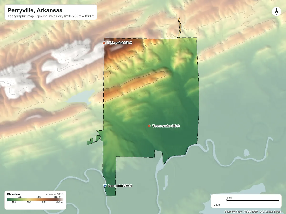 Topographic elevation map of Perryville, Arkansas, shaded from 260 ft on the southwest side to 860 ft on the northwest edge, below higher ground just outside