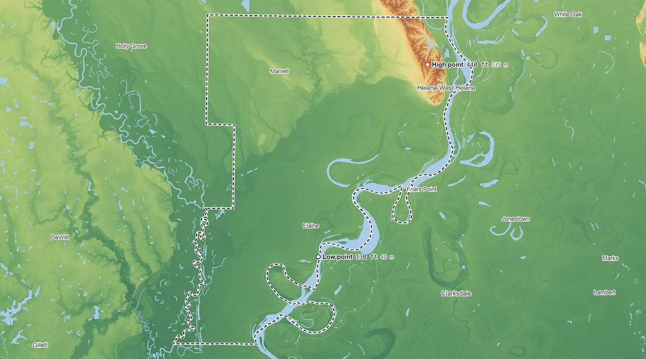 Topographic elevation map of Phillips County, Arkansas, shaded from 130 ft on the south side to 440 ft on the northeast side