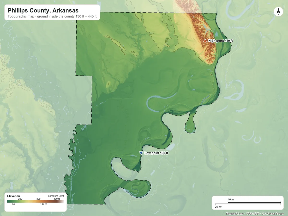 Topographic elevation map of Phillips County, Arkansas, shaded from 130 ft on the south side to 440 ft on the northeast side