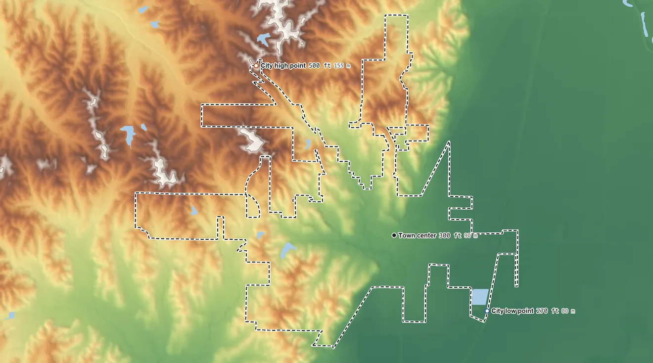 Topographic elevation map of Piggott, Arkansas, shaded from 270 ft on the southeast side to 500 ft on the northwest side