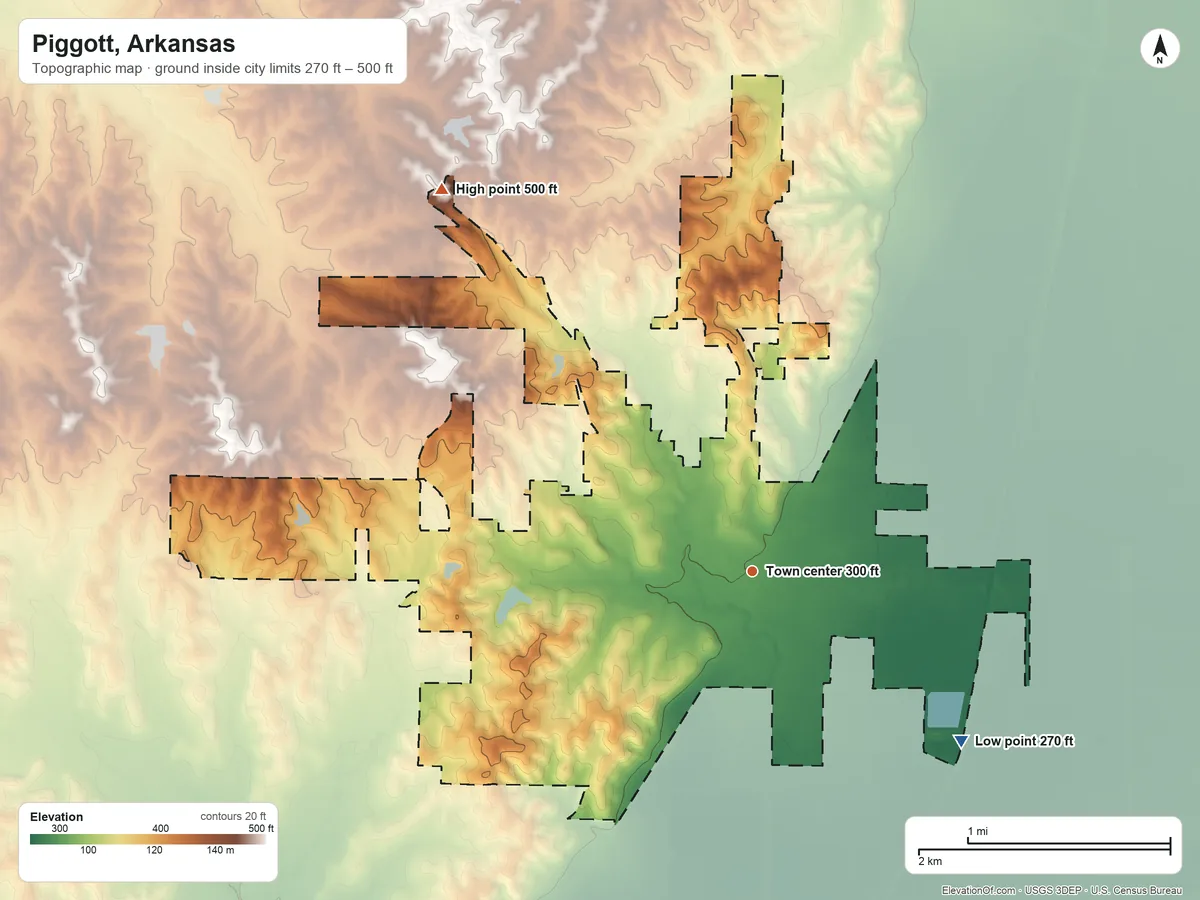 Topographic elevation map of Piggott, Arkansas, shaded from 270 ft on the southeast side to 500 ft on the northwest side