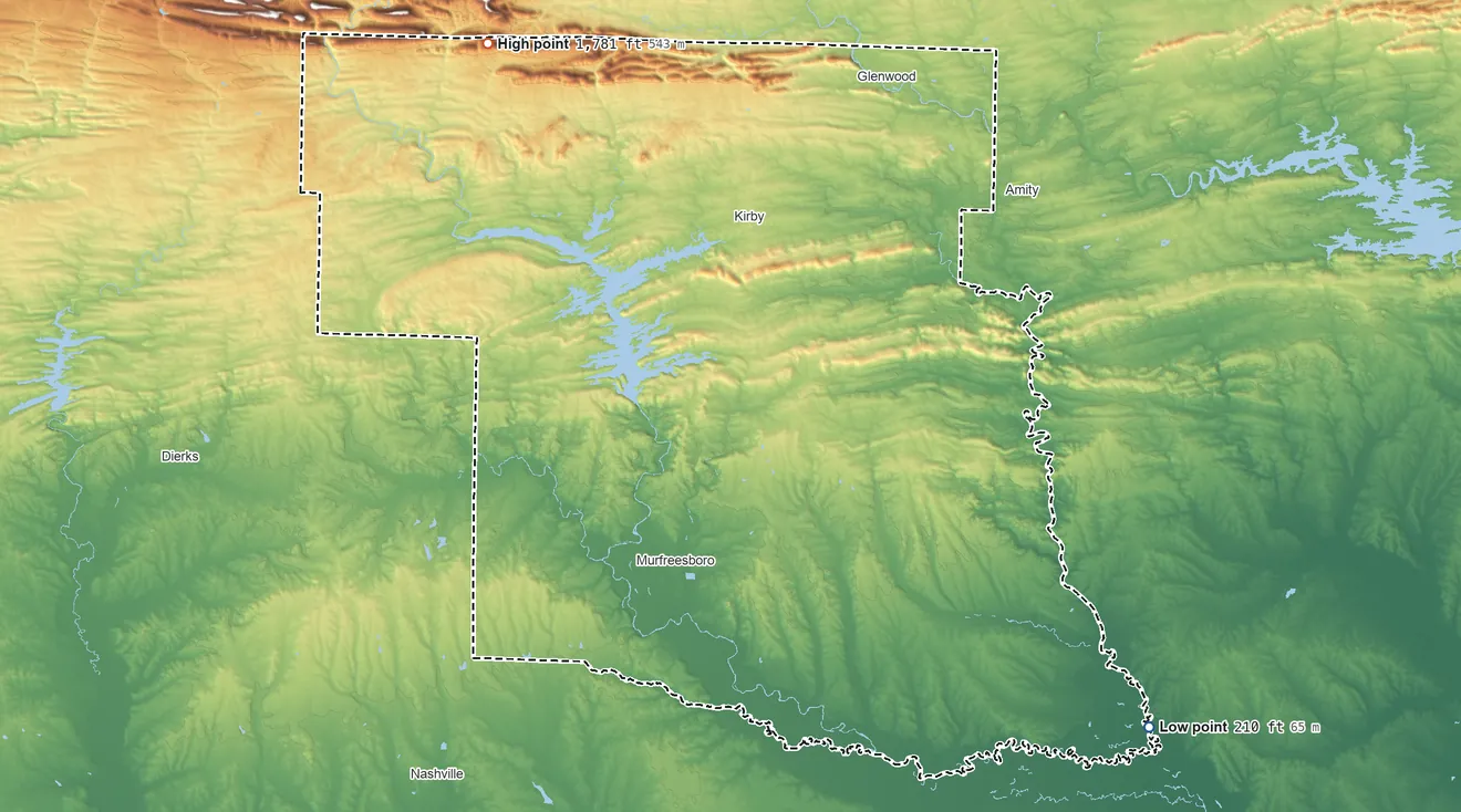 Topographic elevation map of Pike County, Arkansas, shaded from 210 ft on the southeast side to 1,781 ft on Hogpen Mountain