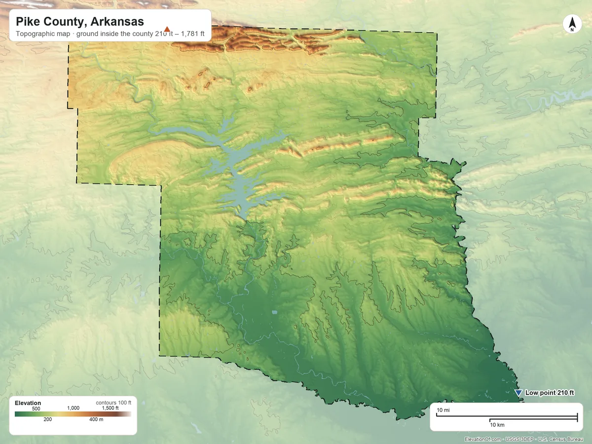 Topographic elevation map of Pike County, Arkansas, shaded from 210 ft on the southeast side to 1,781 ft on Hogpen Mountain