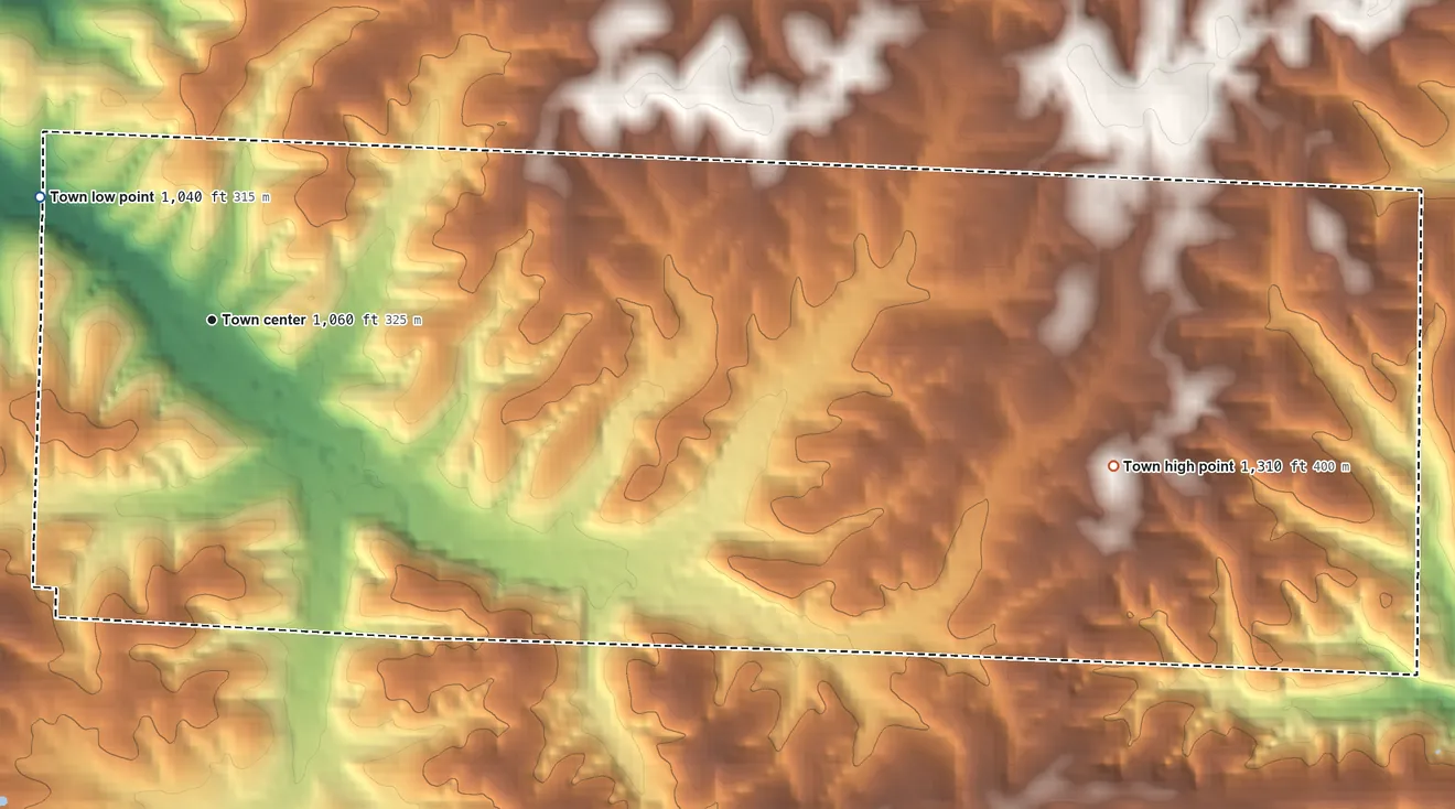 Topographic elevation map of Pindall, Arkansas, shaded from 1,040 ft on the northwest side to 1,310 ft on the east side